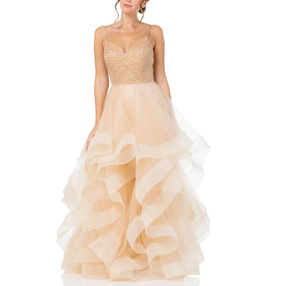 Formal Champagne Sequined Sweetheart Neckline Tulle Ball Gown Prom Dress 14 - Picture 1 of 8